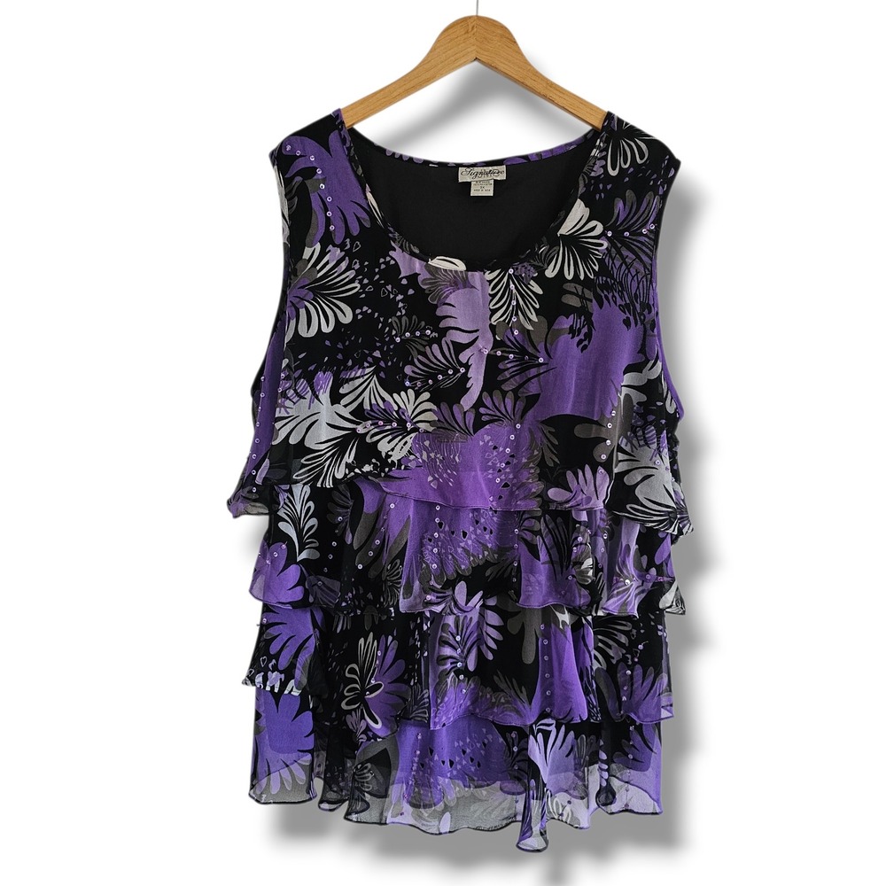 Y2K Sleeveless Top 3X Women Purple Floral Tiered Ruffle Sequin Dark Fairy Dressy